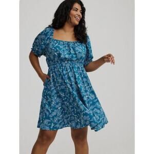 Torrid Womens Mini Puff Sleeve Devy Floral Bluesteel Dress w/ pockets Size 3 NWT